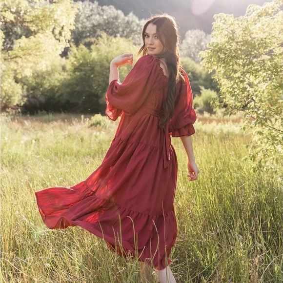 NWT Jovi Lynn Smocked Midi Dress with Pockets - Deep Red - Picture 5 of 9